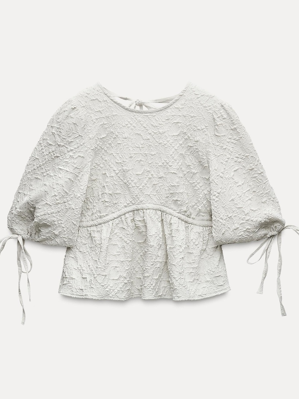 Zara Cream Textured Puff-Sleeve Peplum Blouse